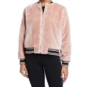 Champion Reverse Weave Plush Faux Fur Bomber Jacket Coat Pink Small